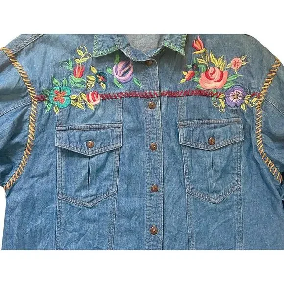 90s Vintage Oversized Western Denim Embroidered Flowers Cowgirl Cottagecore SM - Picture 2 of 10